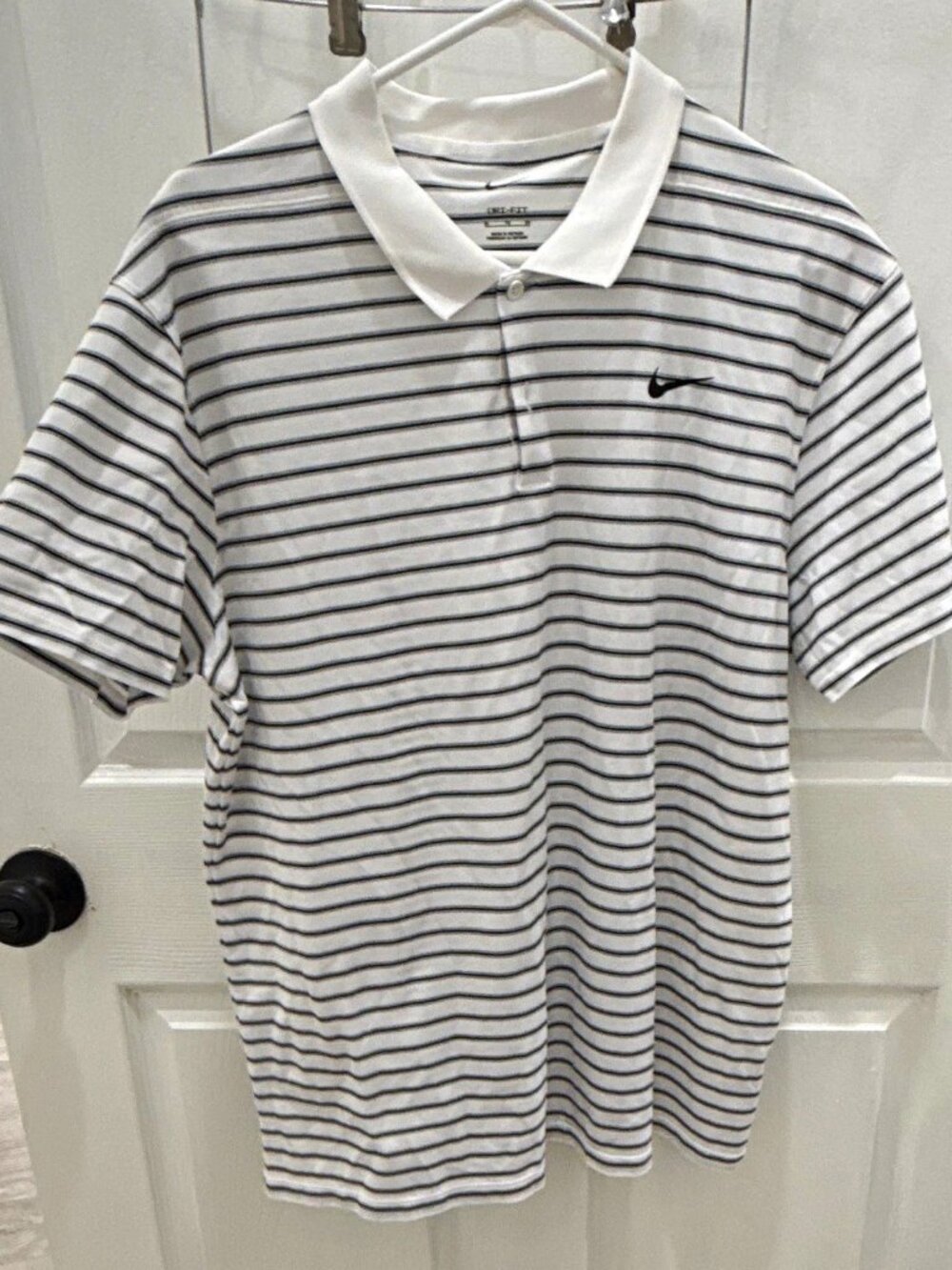 Nike Dri-FIT Men's XL Polo Shirt White/Black Striped Short Sleeve Logo Button